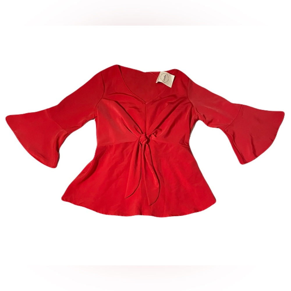 Red Tie Front Bell Sleeve V-Neck Top Women’s Size Large